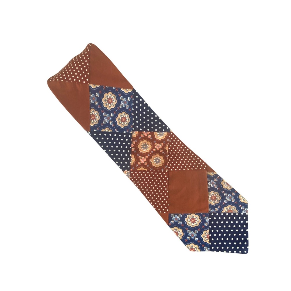 VTG Appalachian Craftsmen Mens Patchwork Tie Floral Polka Dot Rust Navy 57x4